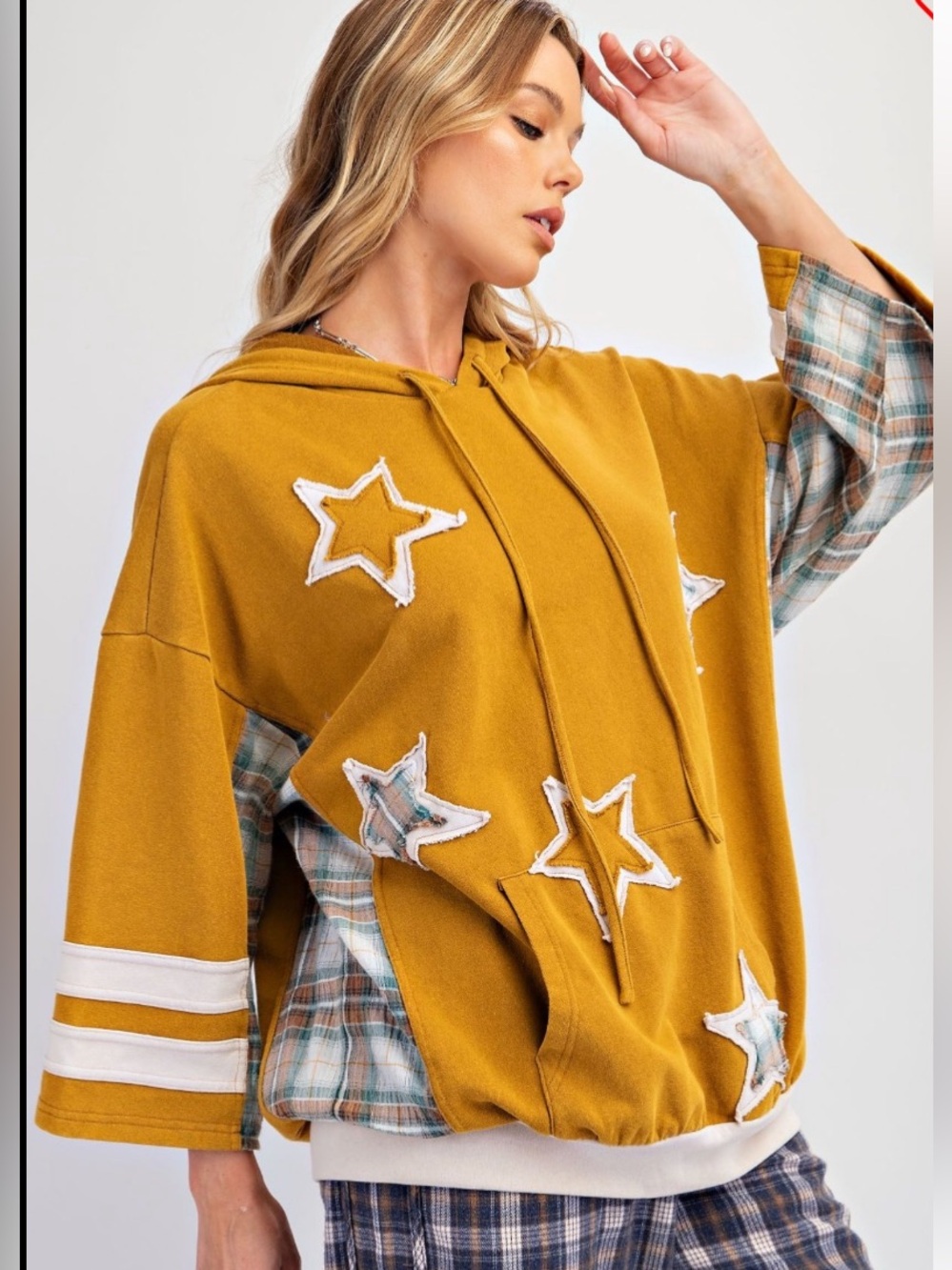 easel Mustard Hoodie with Star Appliqués and Plaid Accents